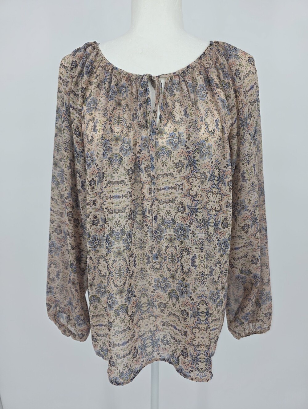 CAbi Sheer Paisley Peasant Blouse‎ Small Pink Blue Tie Neck Boho Top